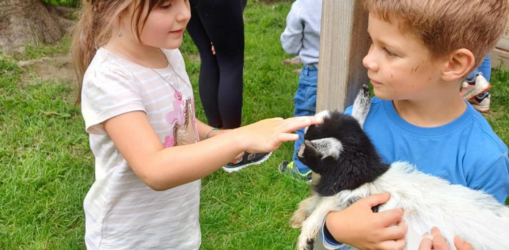 Posch Kinder streicheln eine Ziege