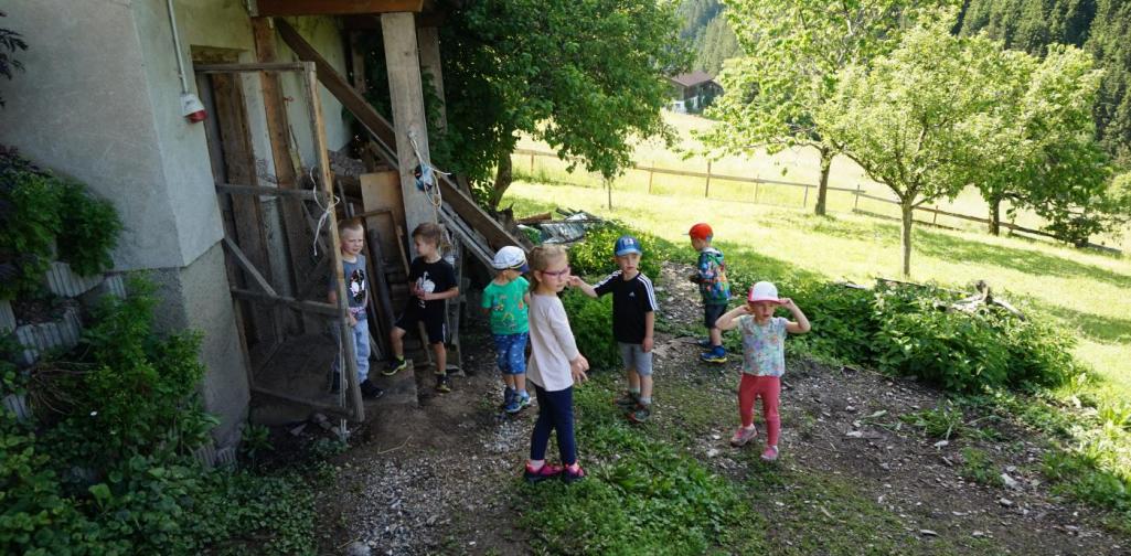 Kinder erkunden den Hühnerstall